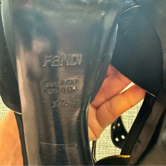 FENDI Black Suede Gold Trim Grommet Peep Toe Platform Heeled Sandals - Picture 7 of 9